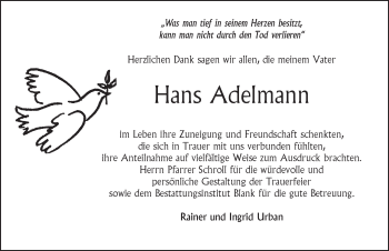 Traueranzeige von Hans Adelmann von Hersbrucker Zeitung