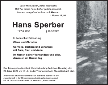 Traueranzeige von Hans Sperber von Hersbrucker Zeitung