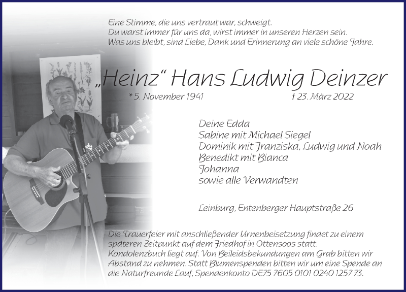  Traueranzeige für Hans Ludwig Deinzer vom 30.03.2022 aus Pegnitz-Zeitung