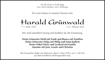 Traueranzeige von Harald Grünwald von Pegnitz-Zeitung