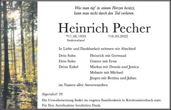 Traueranzeige von Heinrich Pecher von Hersbrucker Zeitung