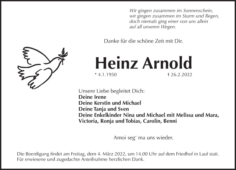  Traueranzeige für Heinz Arnold vom 02.03.2022 aus Pegnitz-Zeitung