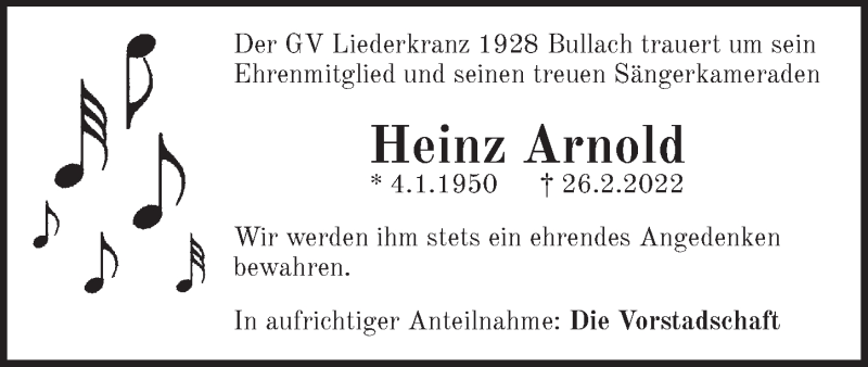  Traueranzeige für Heinz Arnold vom 08.03.2022 aus Pegnitz-Zeitung