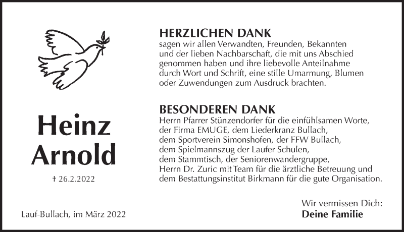  Traueranzeige für Heinz Arnold vom 22.03.2022 aus Pegnitz-Zeitung