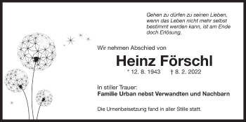 Traueranzeige von Heinz Förschl von Der Bote