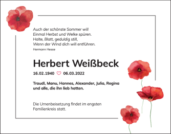 Traueranzeige von Herbert Weißbeck von Der Bote