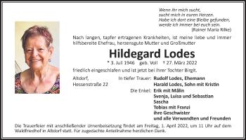 Traueranzeige von Hildegard Lodes von Der Bote