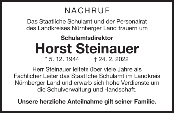 Traueranzeige von Horst Steinauer von Pegnitz-Zeitung