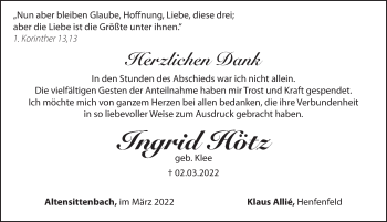 Traueranzeige von Ingrid Hötz von Hersbrucker Zeitung