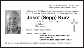 Traueranzeige von Josef Kurz von Der Bote