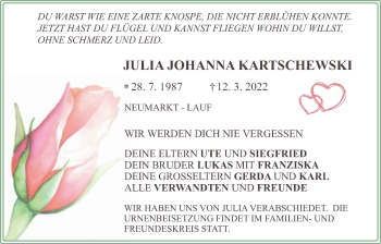 Traueranzeige von Julia Johanna Kartschewski von Der Bote