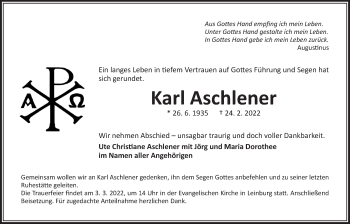 Traueranzeige von Karl Aschlener von Der Bote