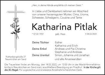 Traueranzeige von Katharina Pitlak von Pegnitz-Zeitung