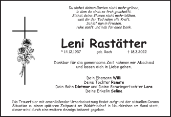 Traueranzeige von Leni Rastätter von Pegnitz-Zeitung