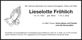 Traueranzeige von Lieselotte Fröhlich von Der Bote