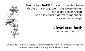Traueranzeige von Lieselotte Roth von Pegnitz-Zeitung