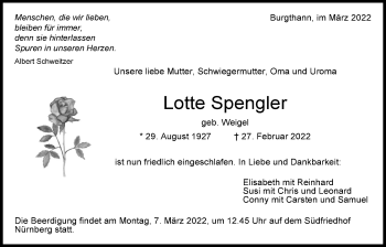 Traueranzeige von Lotte Spengler von Der Bote