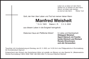Traueranzeige von Manfred Weisheit von Der Bote
