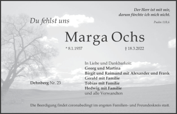 Traueranzeige von Marga Ochs von Pegnitz-Zeitung