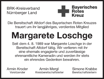 Traueranzeige von Margarete Loschge von Der Bote