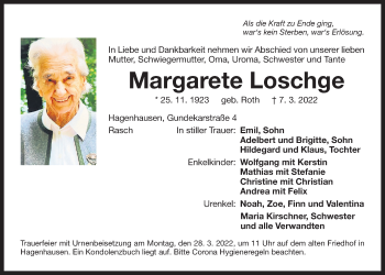 Traueranzeige von Margarete Loschge von Der Bote