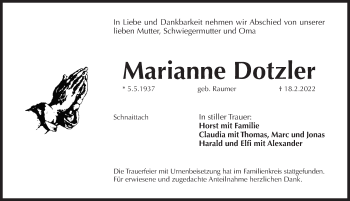 Traueranzeige von Marianne Dotzler von Pegnitz-Zeitung