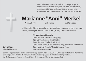 Traueranzeige von Marianne Merkel von Pegnitz-Zeitung