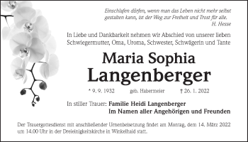 Traueranzeige von Maria Sophia Langenberger von Der Bote