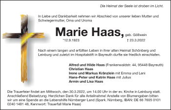 Traueranzeige von Marie Haas von Pegnitz-Zeitung