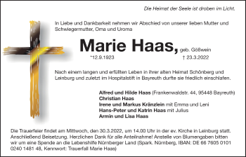 Traueranzeige von Marie Haas von Der Bote