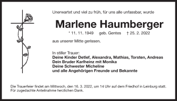 Traueranzeige von Marlene Haumberger von Der Bote