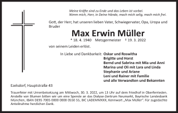 Traueranzeige von Max Erwin Müller von Der Bote