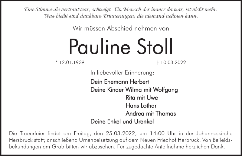  Traueranzeige für Pauline Stoll vom 19.03.2022 aus Hersbrucker Zeitung