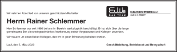 Traueranzeige von Rainer Schlemmer von Pegnitz-Zeitung