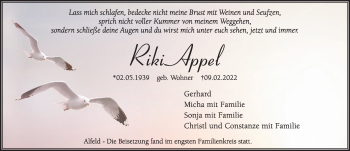 Traueranzeige von Riki Appel von Hersbrucker Zeitung