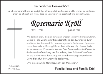 Traueranzeige von Rosemarie Kröll von Hersbrucker Zeitung