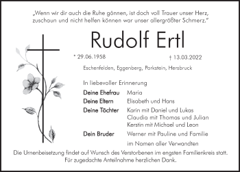 Traueranzeige von Rudolf Ertl von Hersbrucker Zeitung