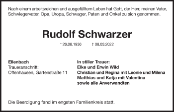 Traueranzeige von Rudolf Schwarzer von Hersbrucker Zeitung
