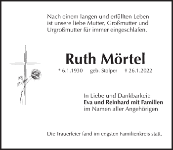 Traueranzeige von Ruth Mörtel von Pegnitz-Zeitung