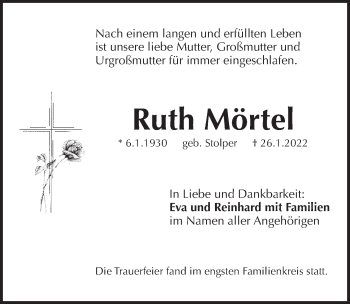 Traueranzeige von Ruth Mörtel von Pegnitz-Zeitung