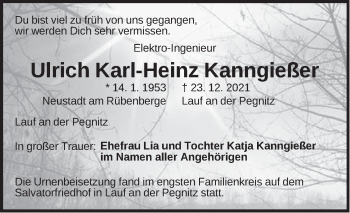 Traueranzeige von Ulrich Karl-Heinz Kanngießer von Pegnitz-Zeitung