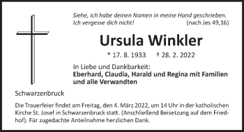 Traueranzeige von Ursula Winkler von Der Bote