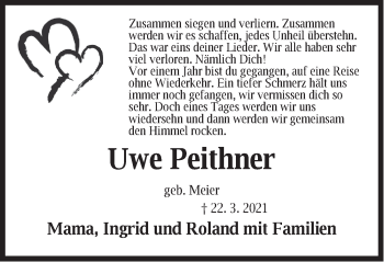 Traueranzeige von Uwe Peithner von Pegnitz-Zeitung