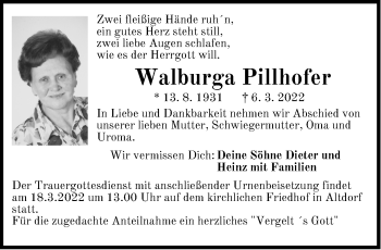 Traueranzeige von Walburga Pillhofer von Der Bote