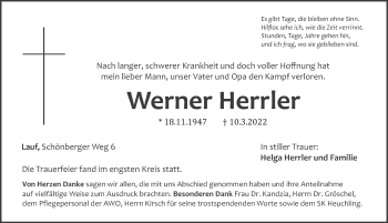Traueranzeige von Werner Herrler von Pegnitz-Zeitung
