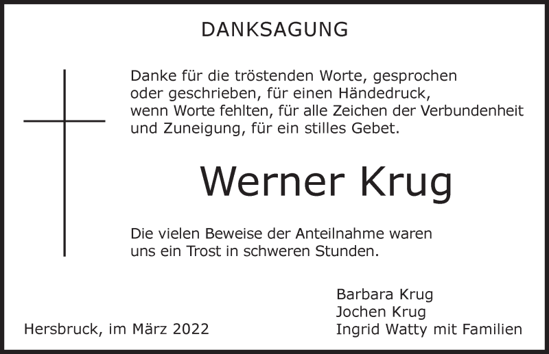  Traueranzeige für Werner Krug vom 19.03.2022 aus Hersbrucker Zeitung