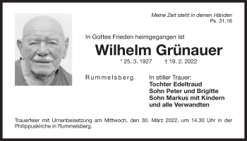 Traueranzeige von Wilhelm Grünauer von Der Bote