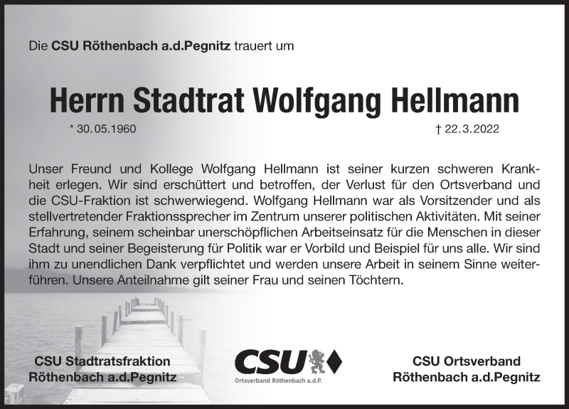  Traueranzeige für Wolfgang Hellmann vom 26.03.2022 aus Pegnitz-Zeitung