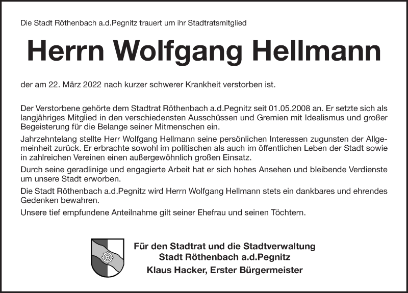  Traueranzeige für Wolfgang Hellmann vom 26.03.2022 aus Pegnitz-Zeitung