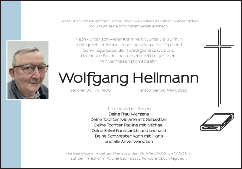  Traueranzeige für Wolfgang Hellmann vom 26.03.2022 aus Pegnitz-Zeitung